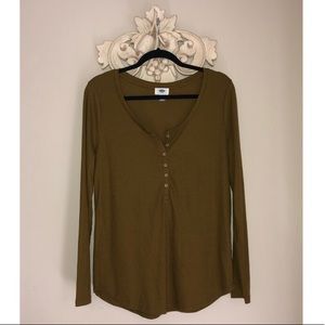 Olive Button Scoop Neck Long Sleeve Top